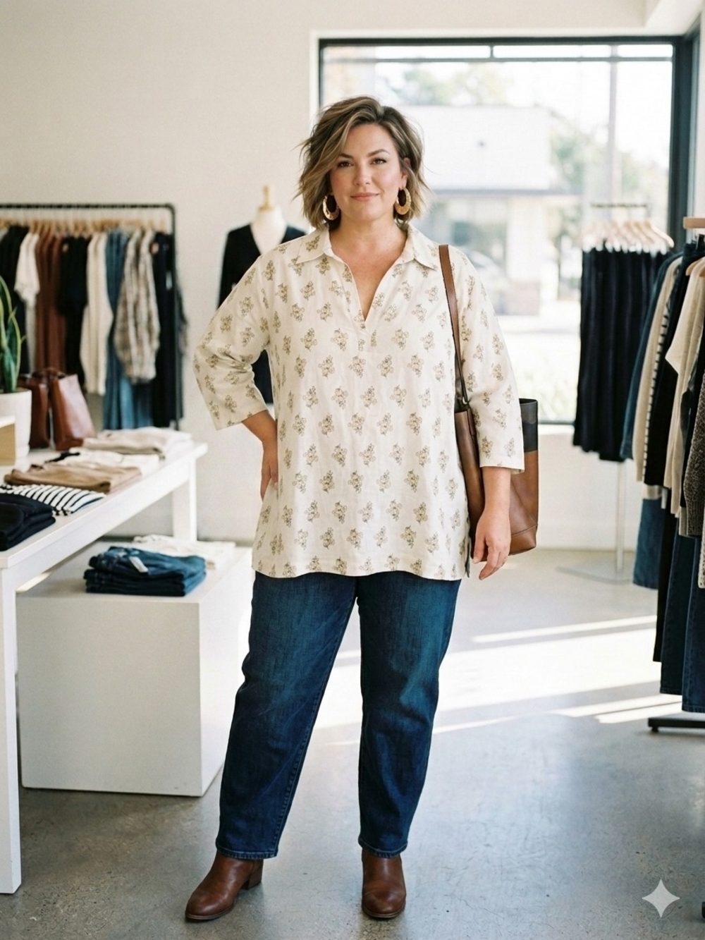 RACHEL Rachel Roy Cream Floral Split-Neck Tunic Linen Blend